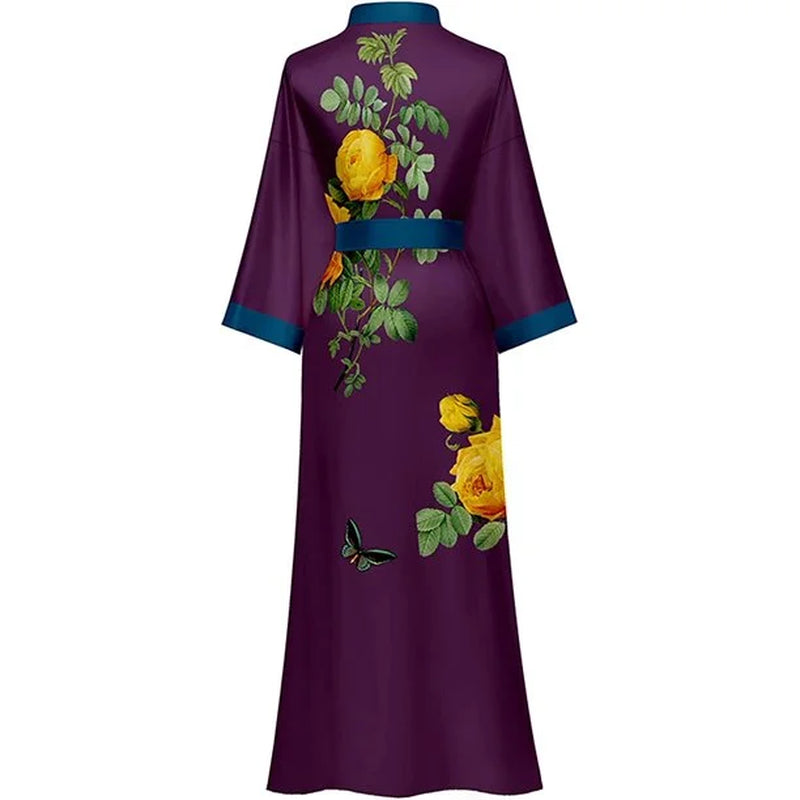 Long Silk Kimono Robes Lightweight Silky Satin Floral
