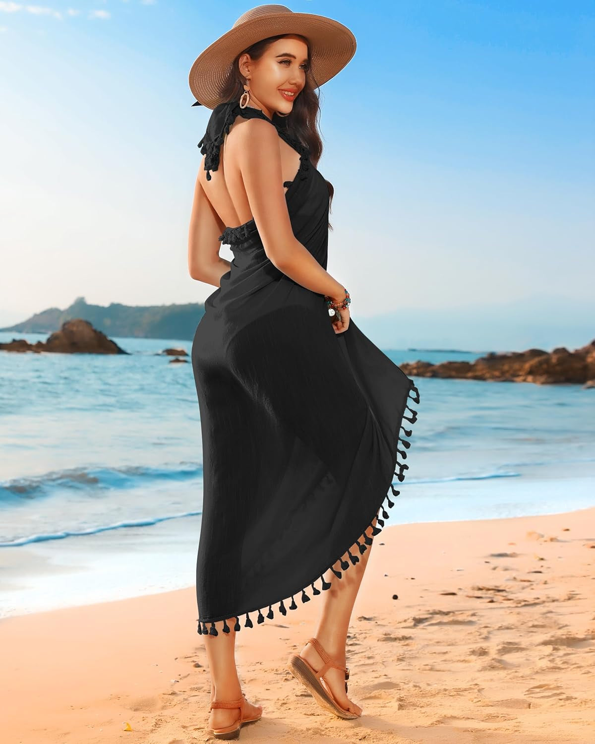 Beach Sarong Pareo Semi-Sheer Swimwear Cover Ups with Tassels.