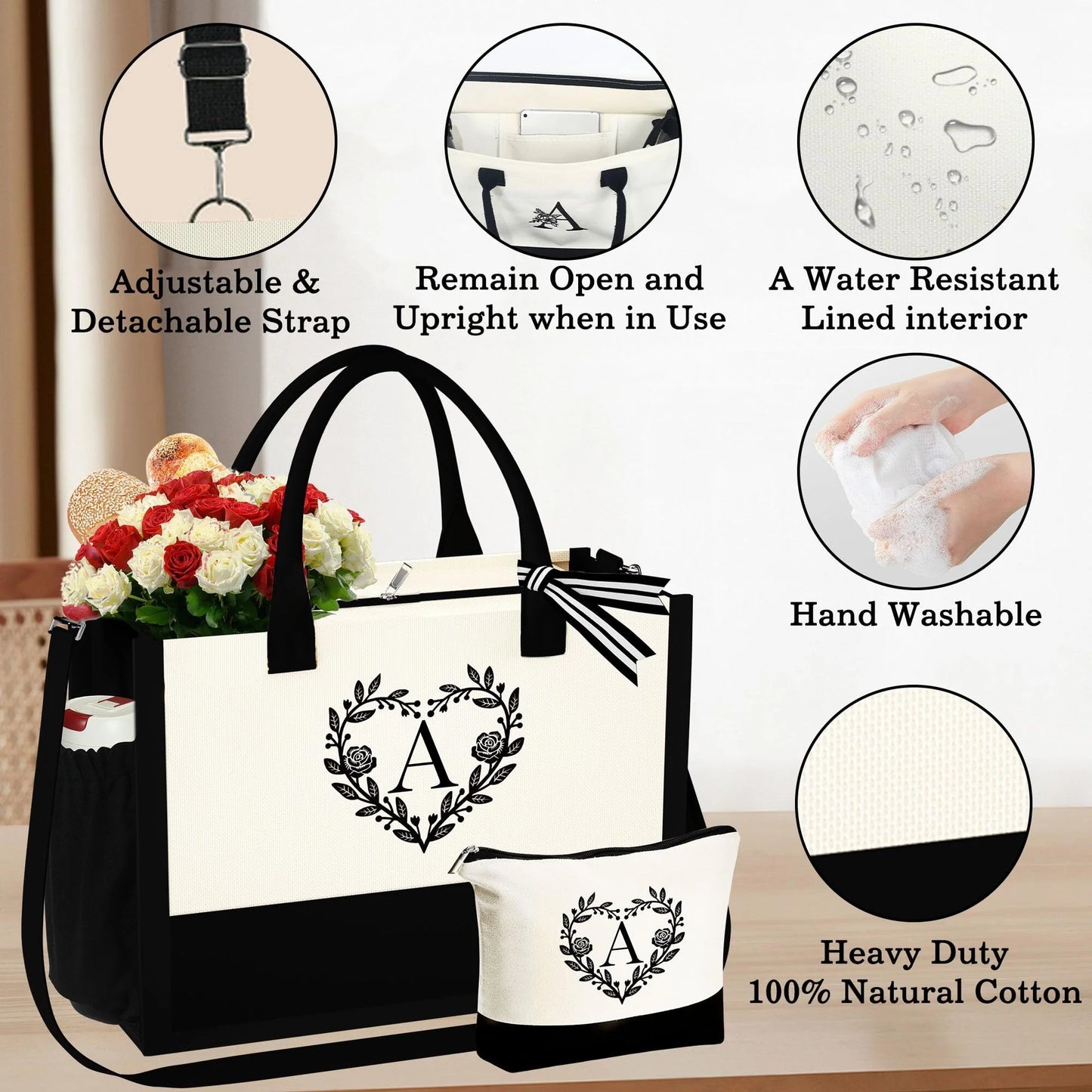 Canvas Initial Tote Bag with Make up bag