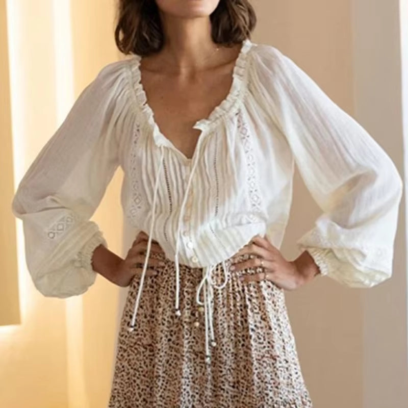 100%Cotton Floral Embroidery White Lace Blouse Shirt, Vintage V Neck Long Sleeve Autumn Blusas Boho Tops 2023