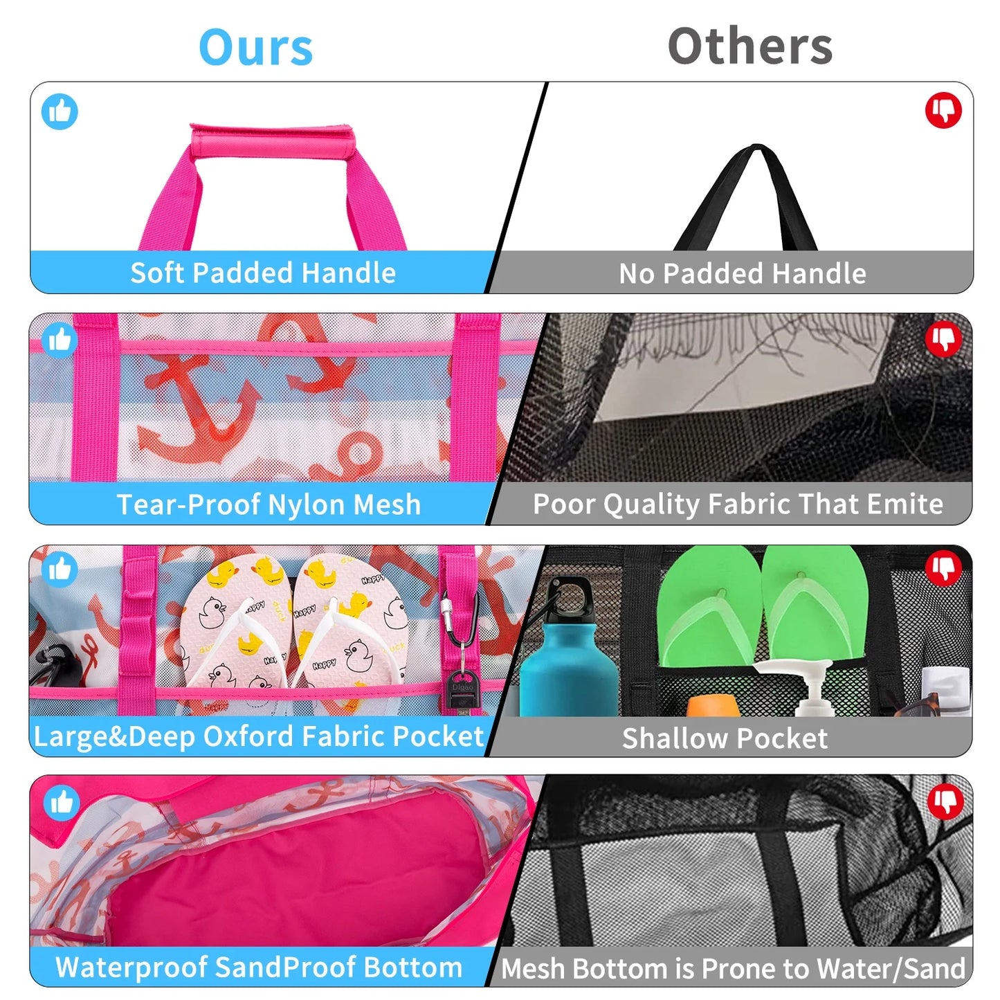 Women Extra Large Beach Bag Anchor Shop Grocery Bag Picnic Mesh Tote Bag with Zip and Pocket
