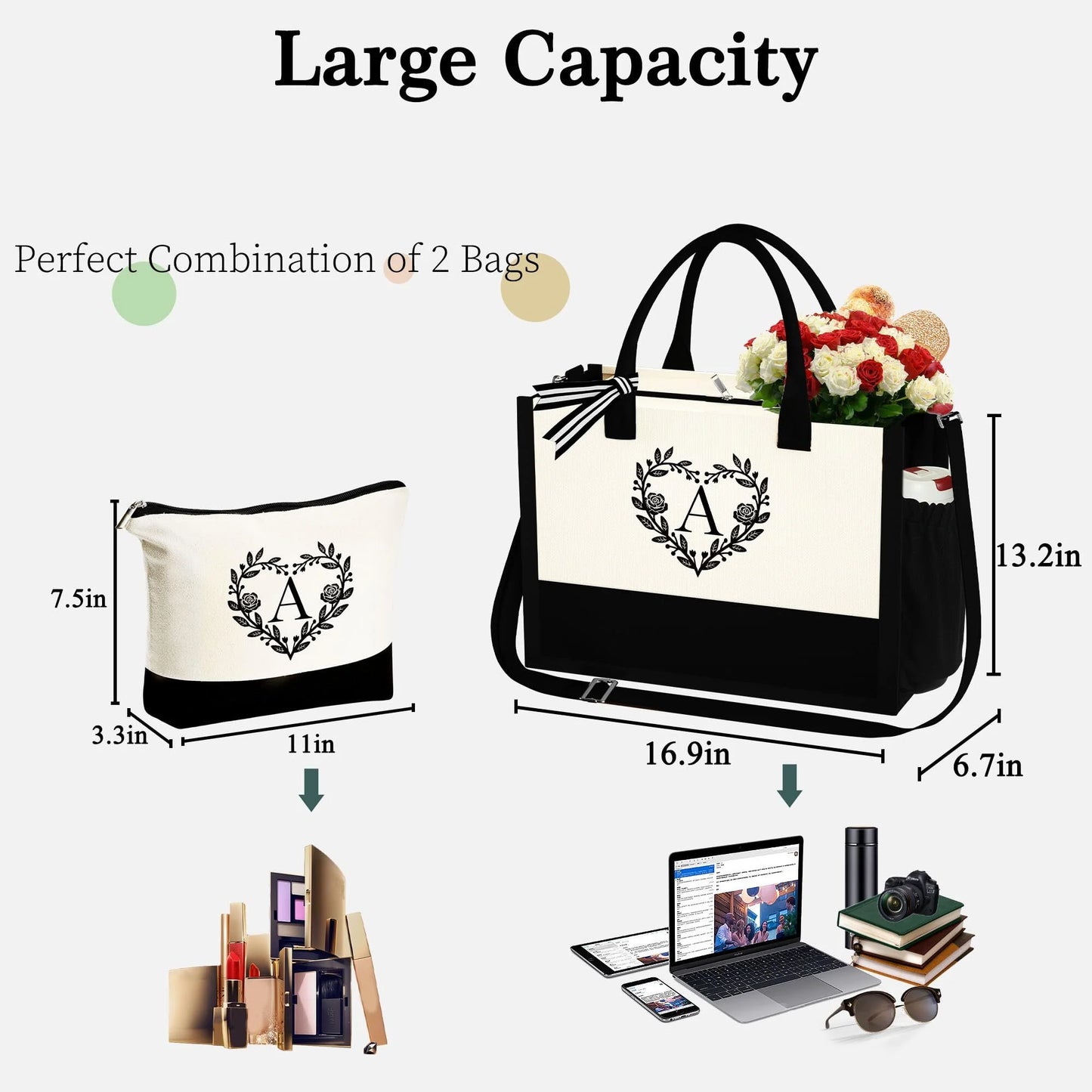 Canvas Initial Tote Bag with Make up bag