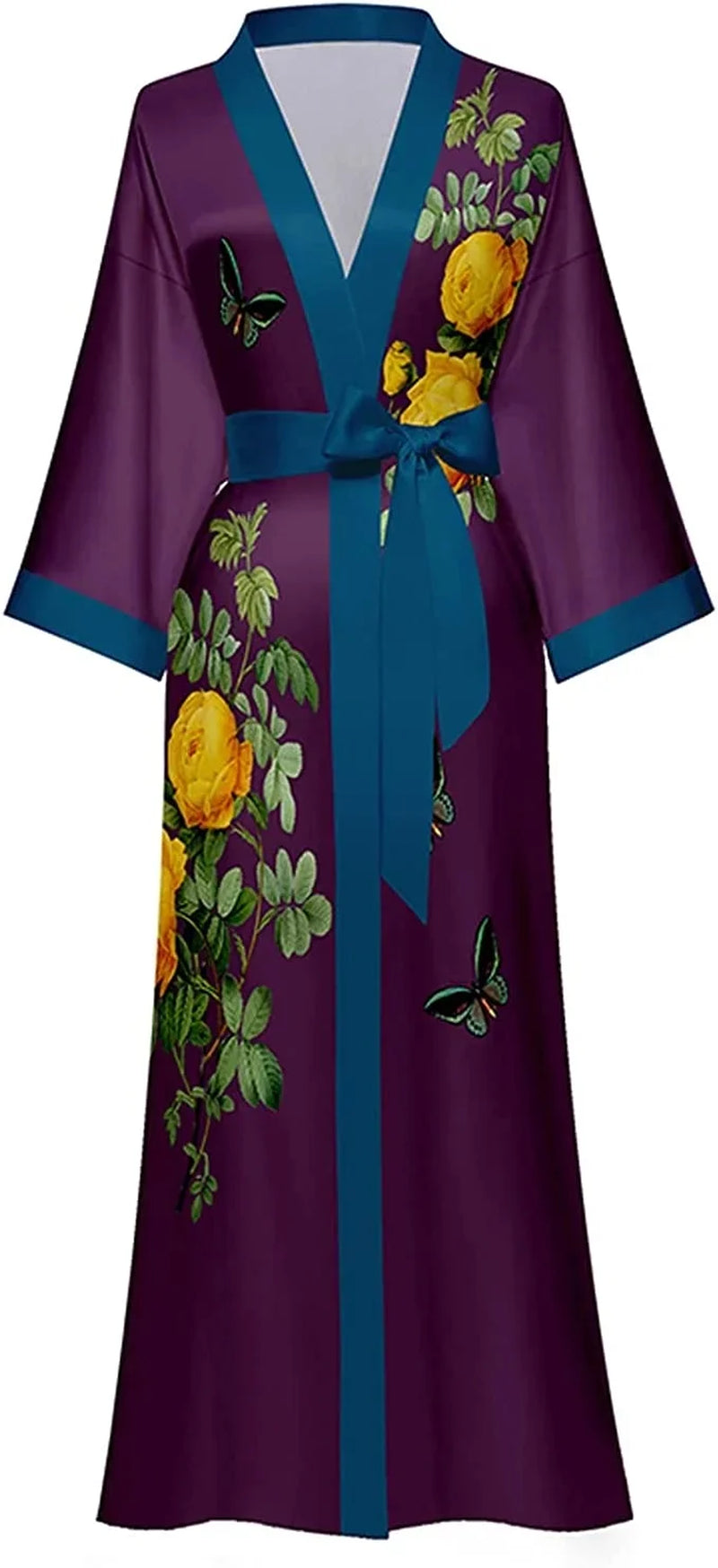 Long Silk Kimono Robes Lightweight Silky Satin Floral