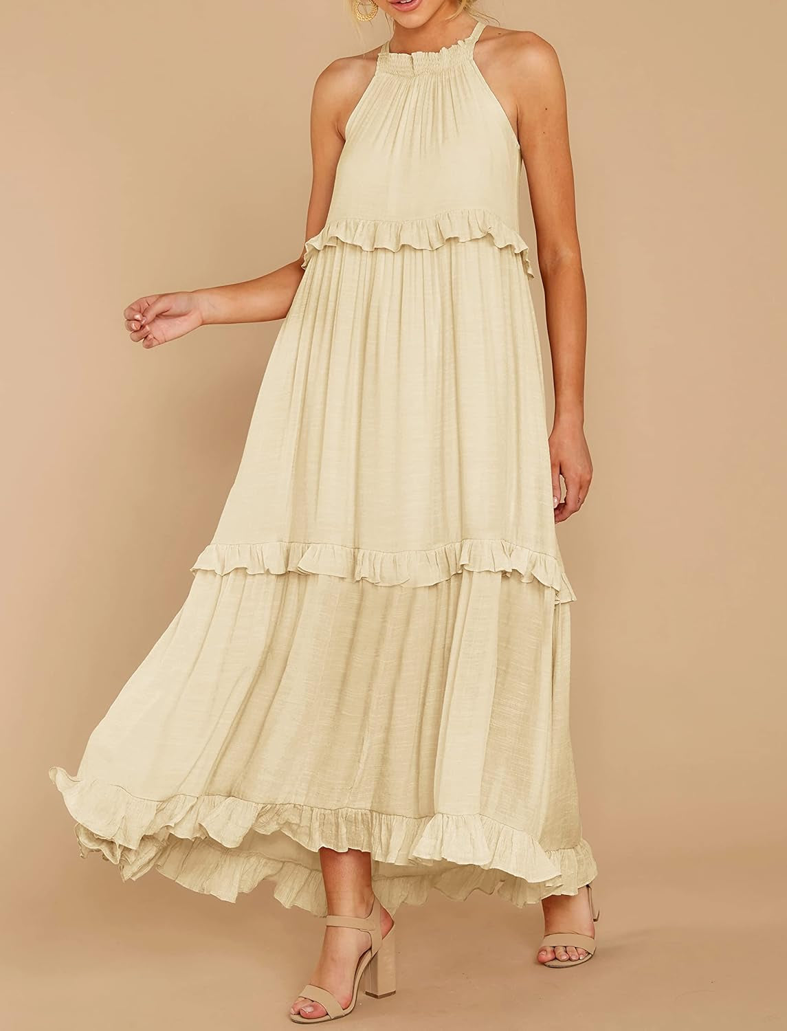 Cotton Sleeveless Halter Boho Maxi Dress