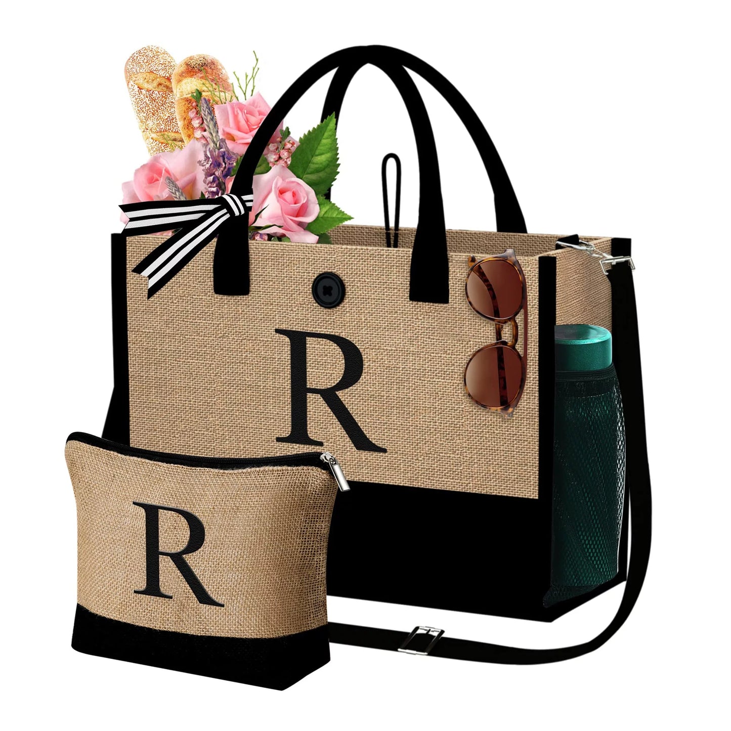 Initial Jute Tote Bag with Makeup Bag Beach Bag with Pockets Adjustable Strap Mothers Day Birthday Gifts for Her