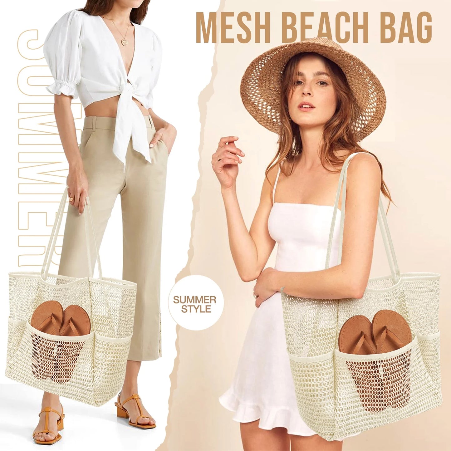 Mesh Beach Bag for Women, Beach Tote Large Foldable Mesh Swim Bag with Pockets | Sandproof | Waterproof | Beige