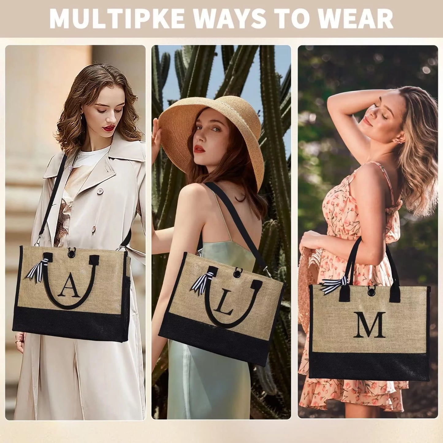 Initial Jute Tote Bag with Makeup Bag Beach Bag with Pockets Adjustable Strap Mothers Day Birthday Gifts for Her
