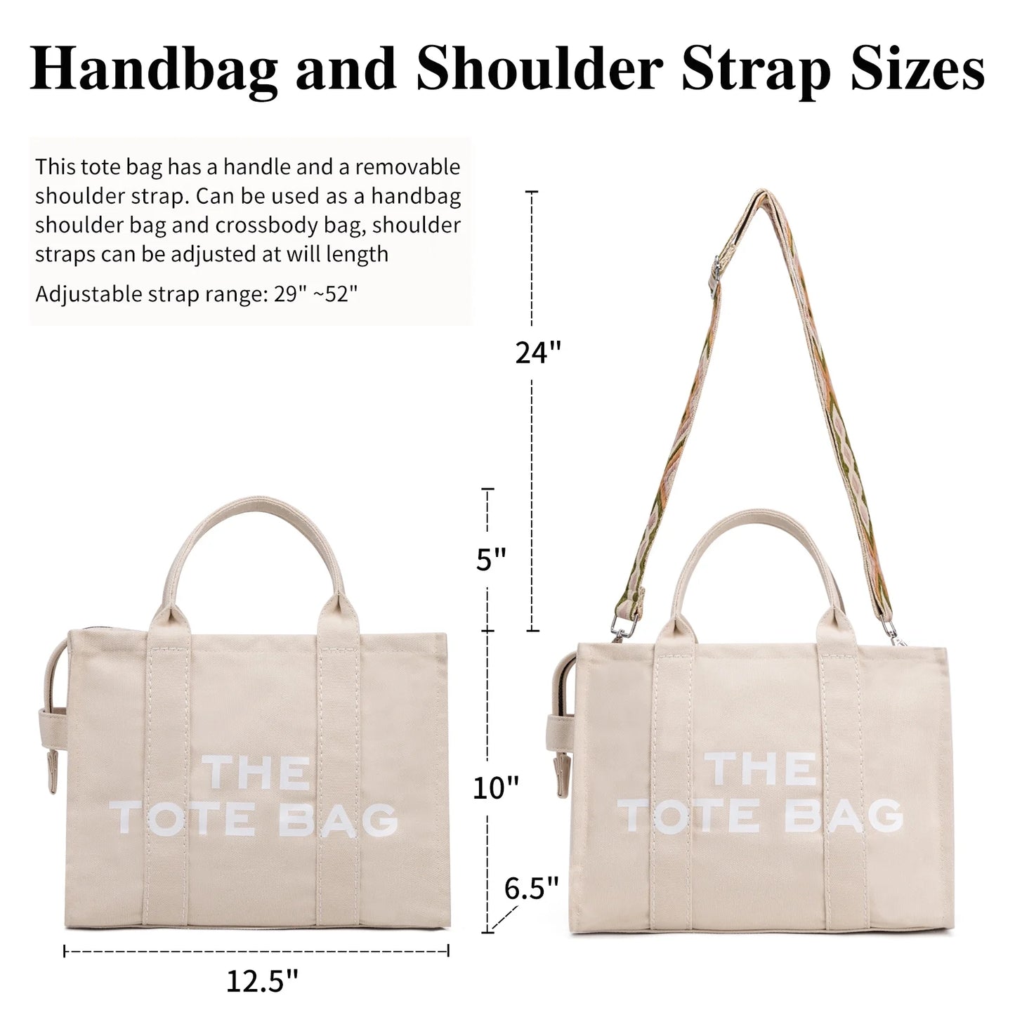 Canvas Tote Bag with Zipper, Crossbody Handbag
