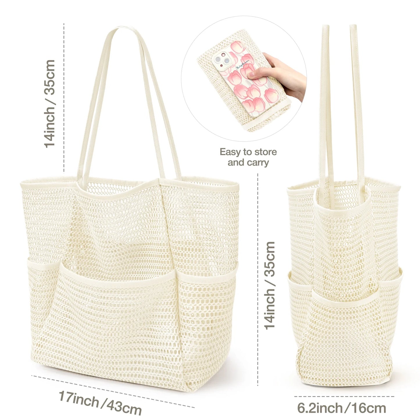 Mesh Beach Bag for Women, Beach Tote Large Foldable Mesh Swim Bag with Pockets | Sandproof | Waterproof | Beige