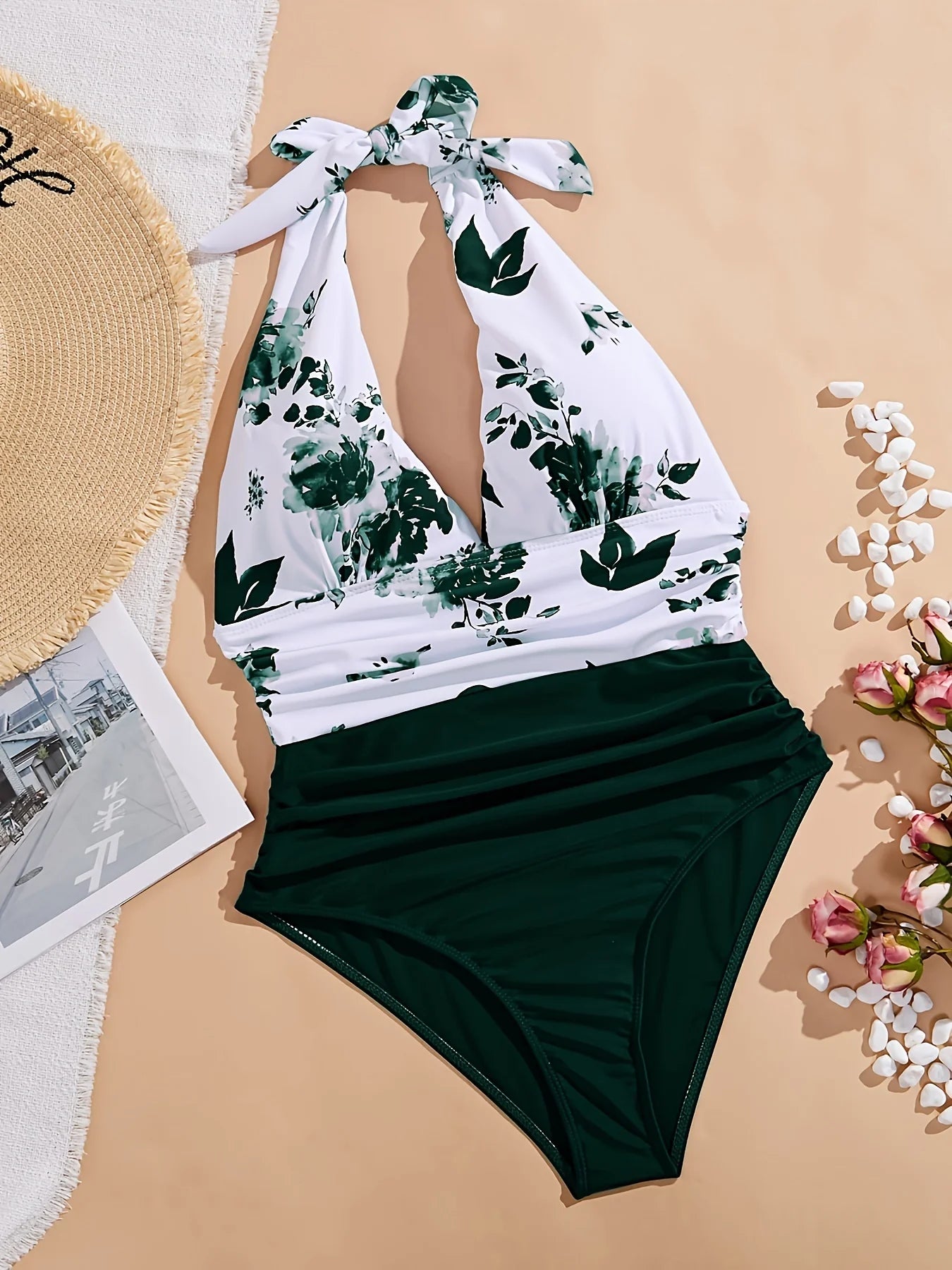 Women Sexy 3D Deep V One-Piece Flower Print Neck Tie Swimsuit