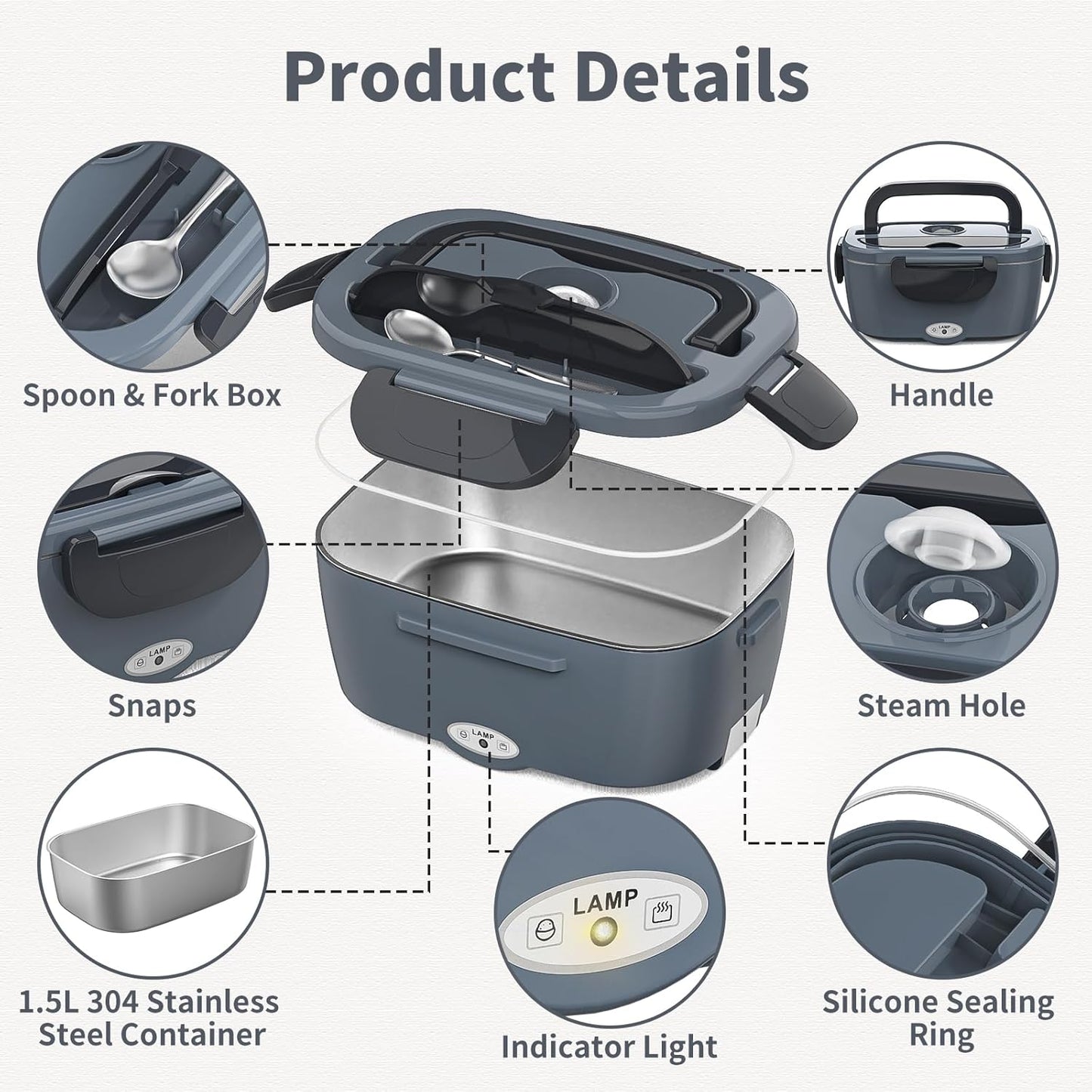 Electric Lunch Box, 3 in 1 Heated, Portable with 1.5L Removable Stainless Steel