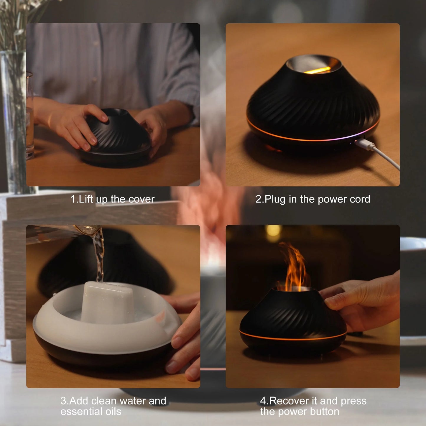 Flame Air Diffuser, 130ML Essential Oil Flame Diffuser Humidifier with Fire LED Light, No Water Auto off Protection
