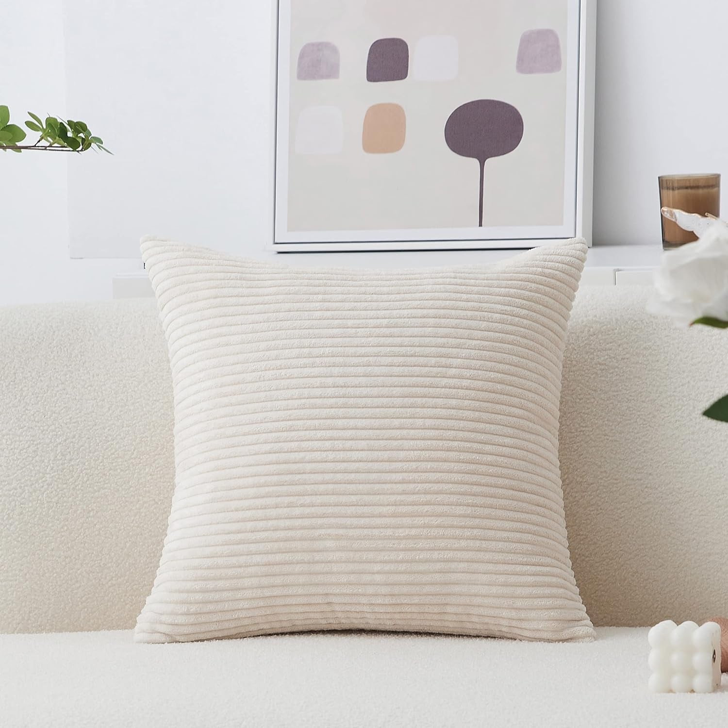 Solid Cream Throw Pillows Covers 18 X 18 Striped Corduroy Plush Velvet Cushion Cover 18X18 (45Cm)