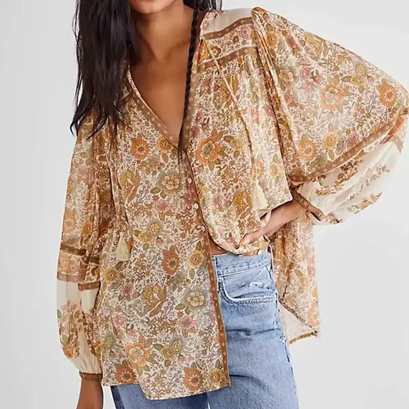 Super Chic Boho Blouse for Women, Floral Print Buttons V-Neck