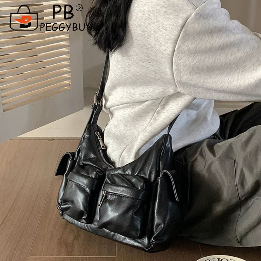 Multi-Pocket Vintage Tote Casual Soft Leather Shoulder Bag 