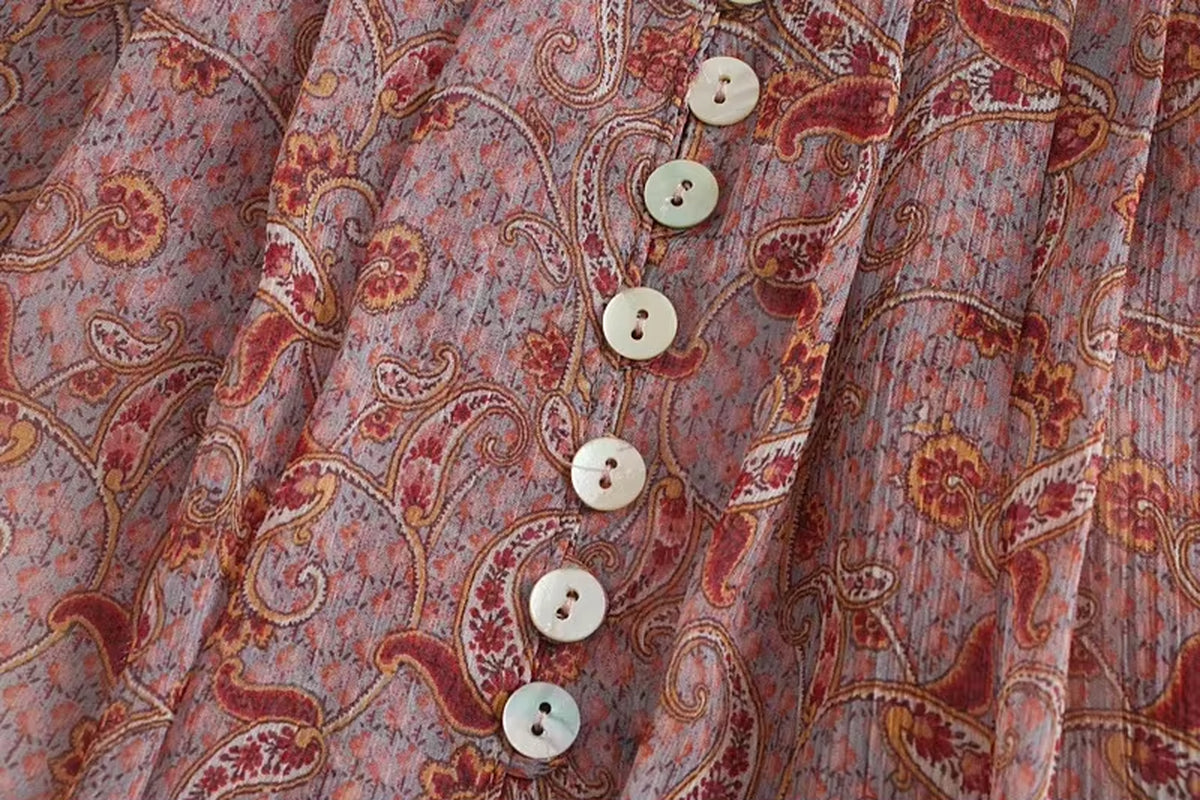 Puff Long Sleeve Boho Blouse Shirt for Women Vintage Chiffon Red Floral Print Autumn Crop Top Ladies Blusas Mujer 2024