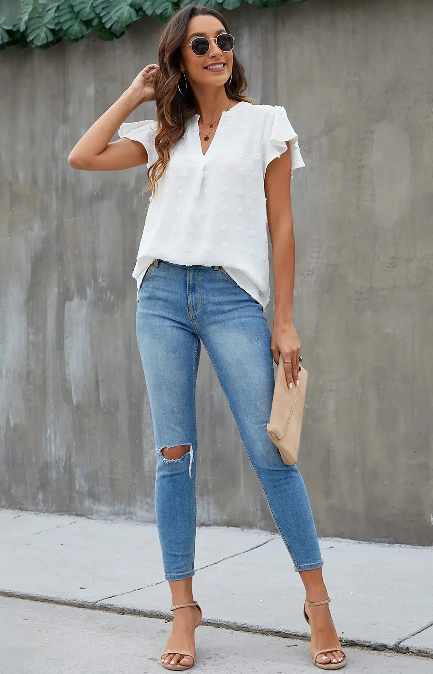 V Neck Ruffle Sleeve Summer Casual Top Flowy Shirts