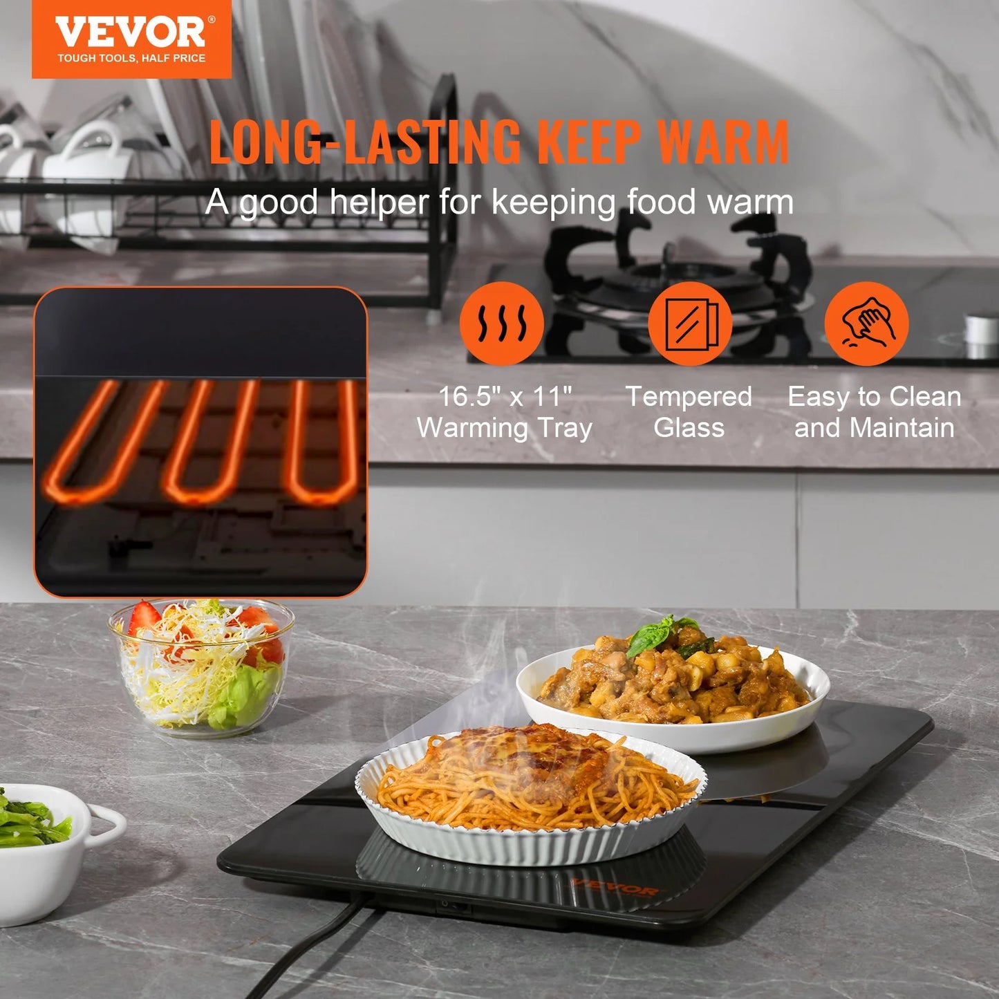VEVOR Electric Warming Tray, 16.5 X 11 Portable Tempered Glass Heating Tray with Temperature Control (65-90¡Æ), Perfect for Dinner, Catering.