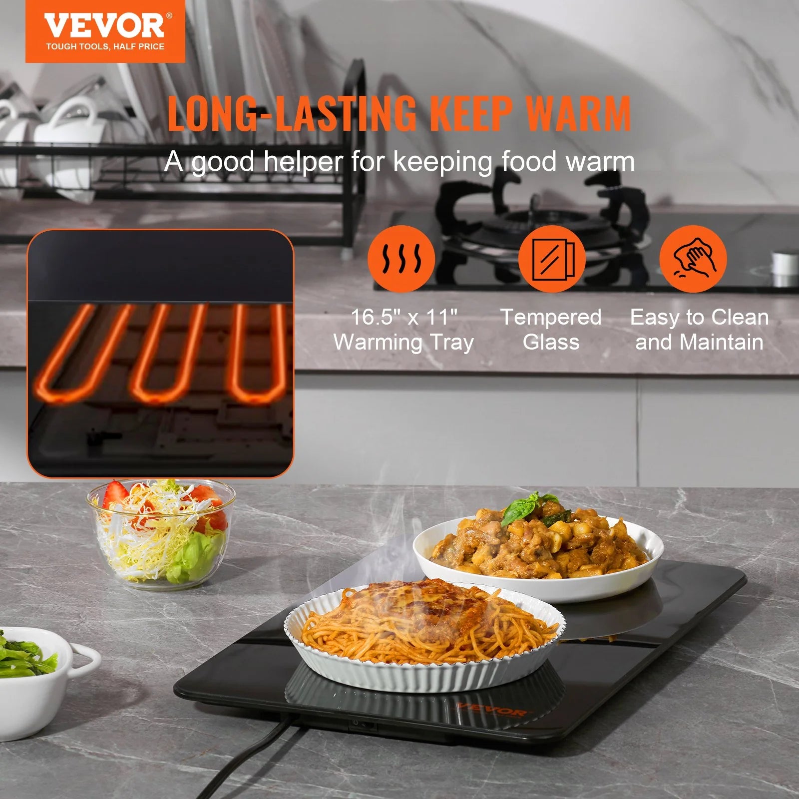 VEVOR Electric Warming Tray, 16.5 X 11 Portable Tempered Glass Heating Tray with Temperature Control (65-90¡Æ), Perfect for Dinner, Catering.