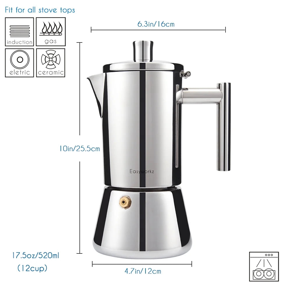 Diego 12 Cup Stovetop Espresso Coffee Maker Stainless Steel Italian Moka Pot, 17.5 Oz