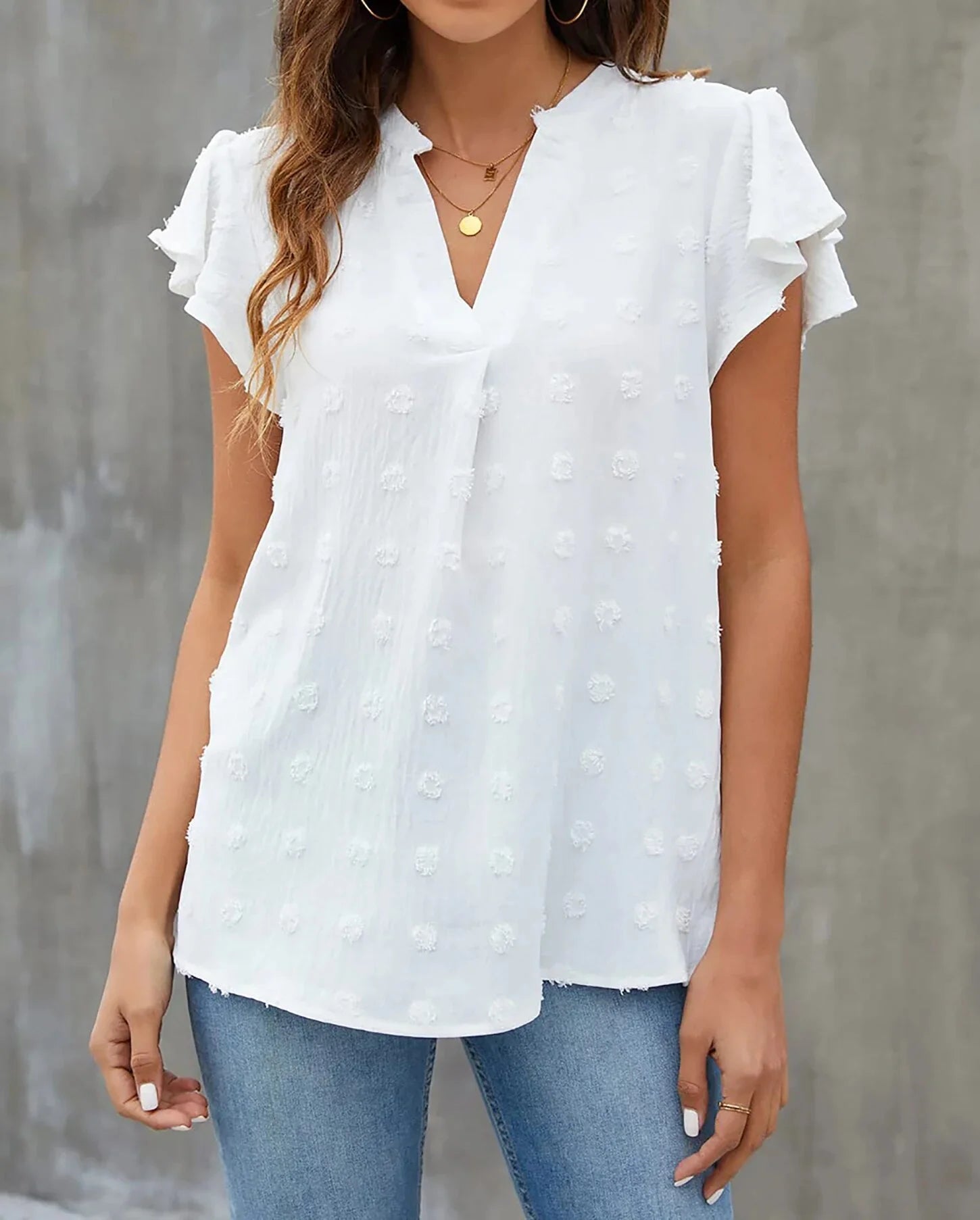 V Neck Ruffle Sleeve Summer Casual Top Flowy Shirts