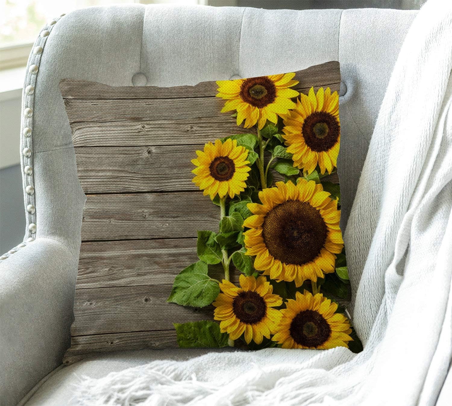 Sunflower Wooden Burlap Throw Pillow Case Cushion Cover Decorative Square 18X18 Inches