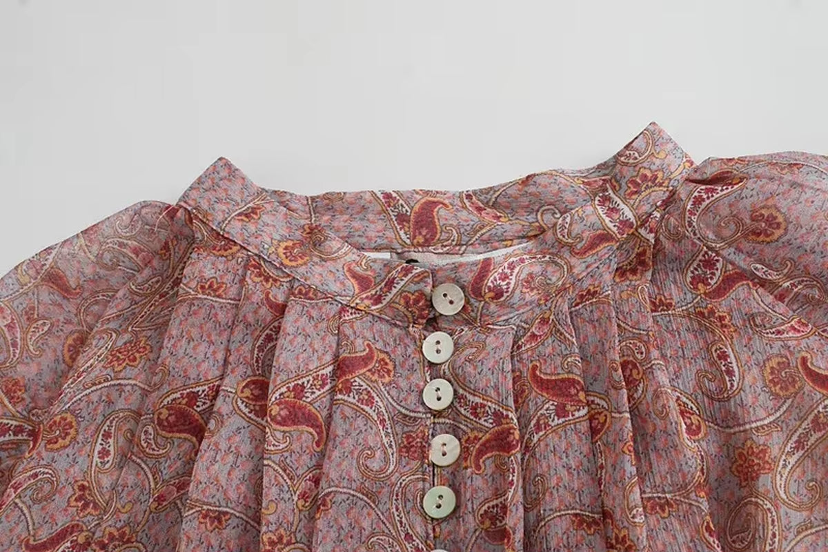 Puff Long Sleeve Boho Blouse Shirt for Women Vintage Chiffon Red Floral Print Autumn Crop Top Ladies Blusas Mujer 2024