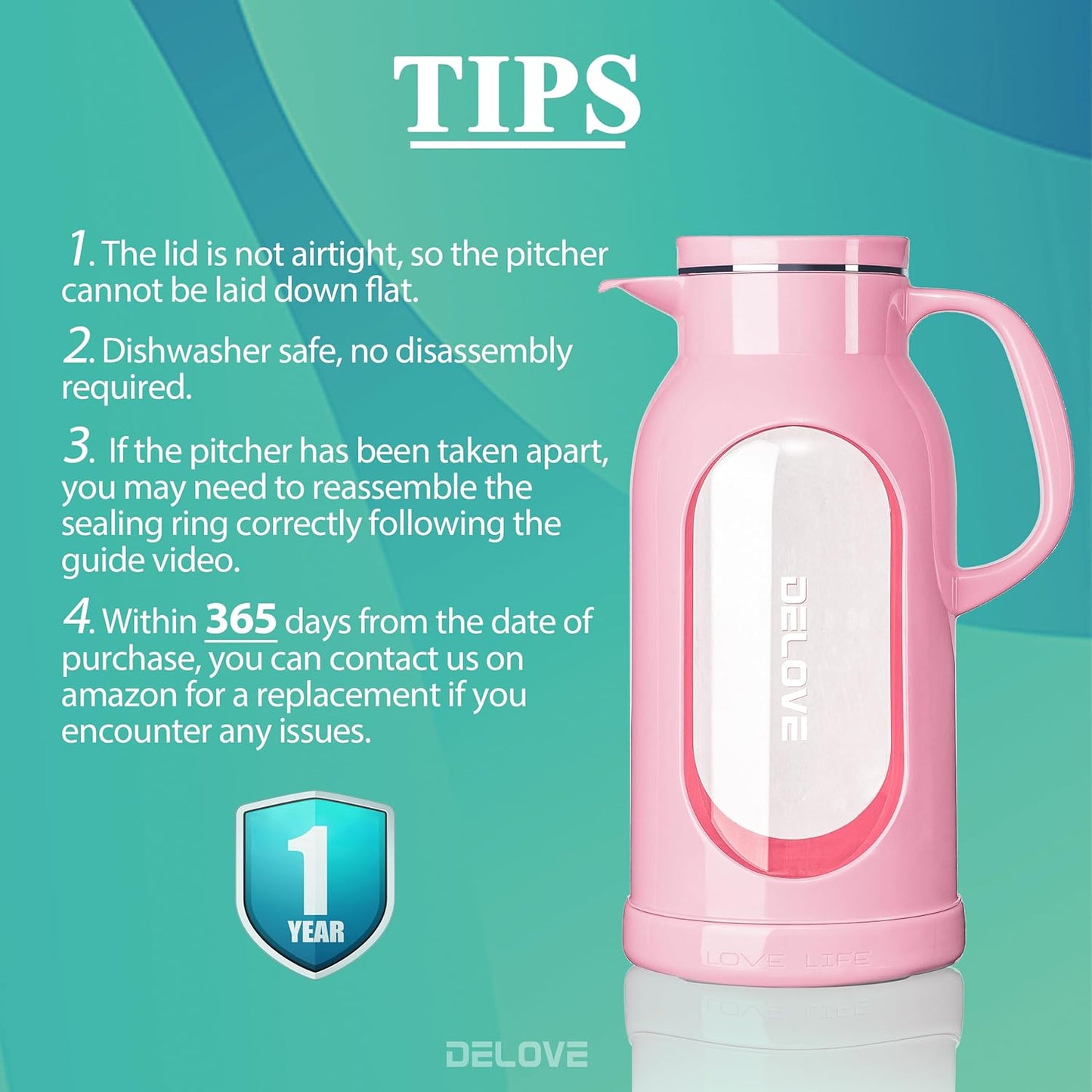 68 Oz/2 Liter Glass Pitcher with Shatterproof Shell - Heat Resistant Glass Liner - Stainless Steel Lid - Carafe & Jug for Iced Tea,Hot/Cold Water,Homemade Juice Beverages (Pink)