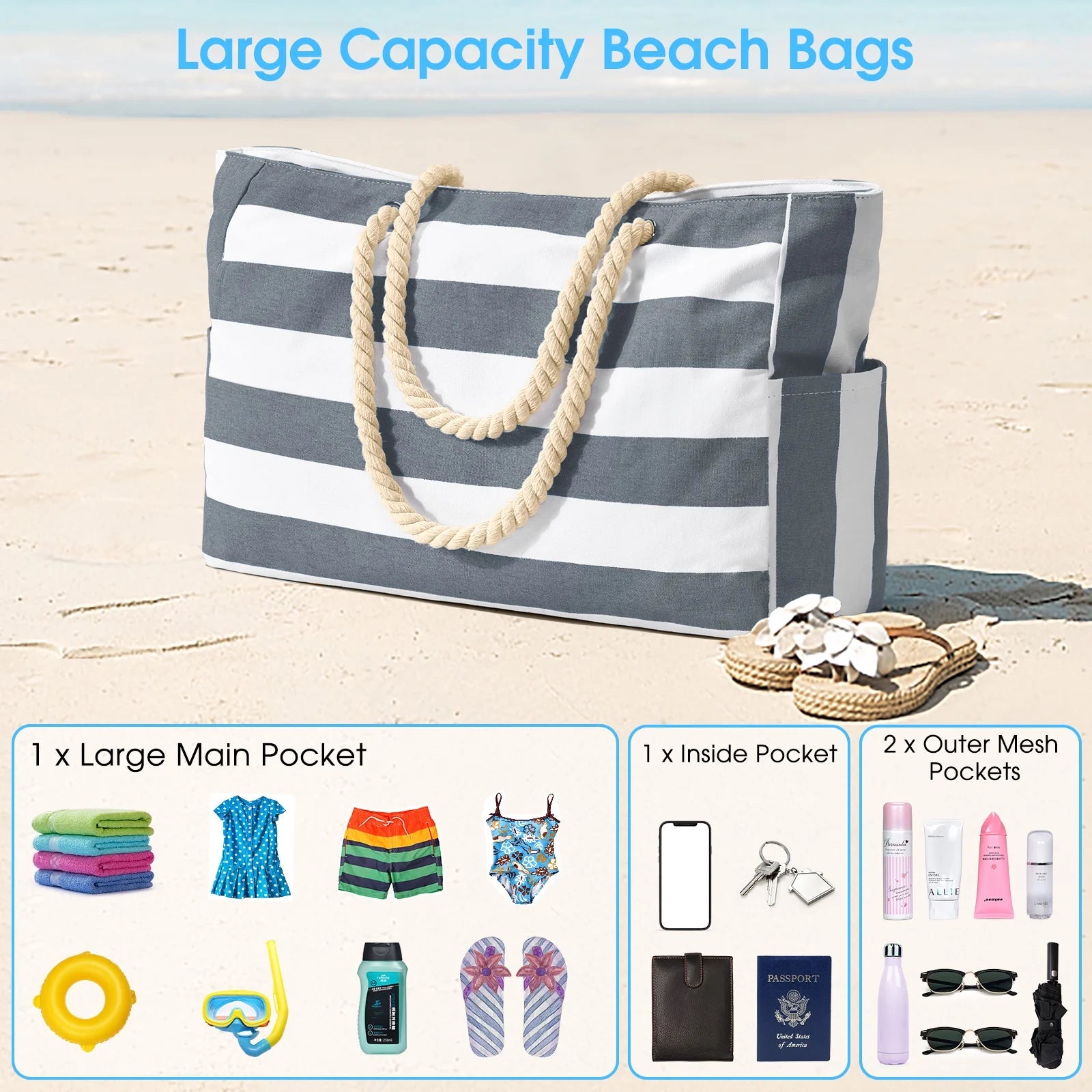 Large Beach Tote Bag with Zipper Waterproof Travel Beach Essential