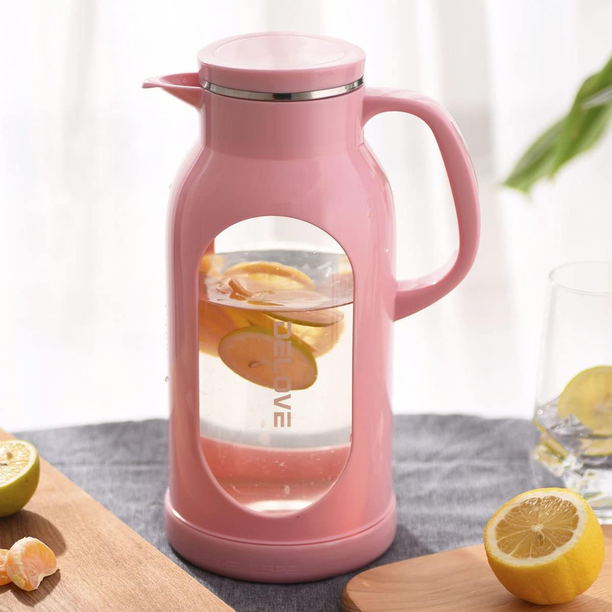 68 Oz/2 Liter Glass Pitcher with Shatterproof Shell - Heat Resistant Glass Liner - Stainless Steel Lid - Carafe & Jug for Iced Tea,Hot/Cold Water,Homemade Juice Beverages (Pink)