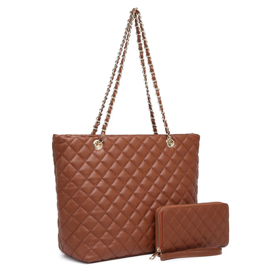Poppy Quilted Women Tote Bag Satchel Wallet Set 2Pcs Chain Strap Shoulder Bag 