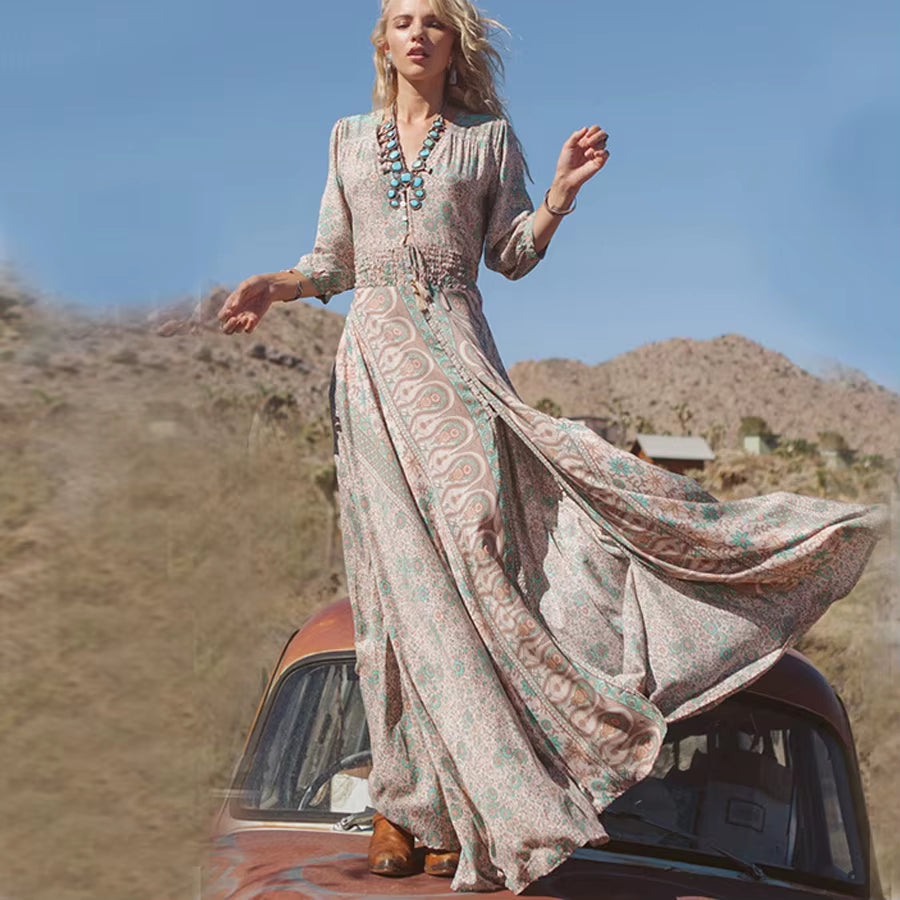 Boho Long Dress Vintage 2023 Floral Print Chiffon Three Quarter Sleeve V-Neck Summer Gypsy Hippie 