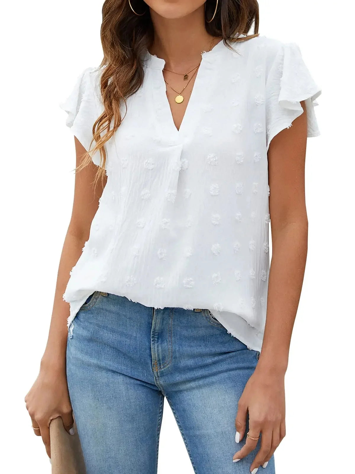 V Neck Ruffle Sleeve Summer Casual Top Flowy Shirts