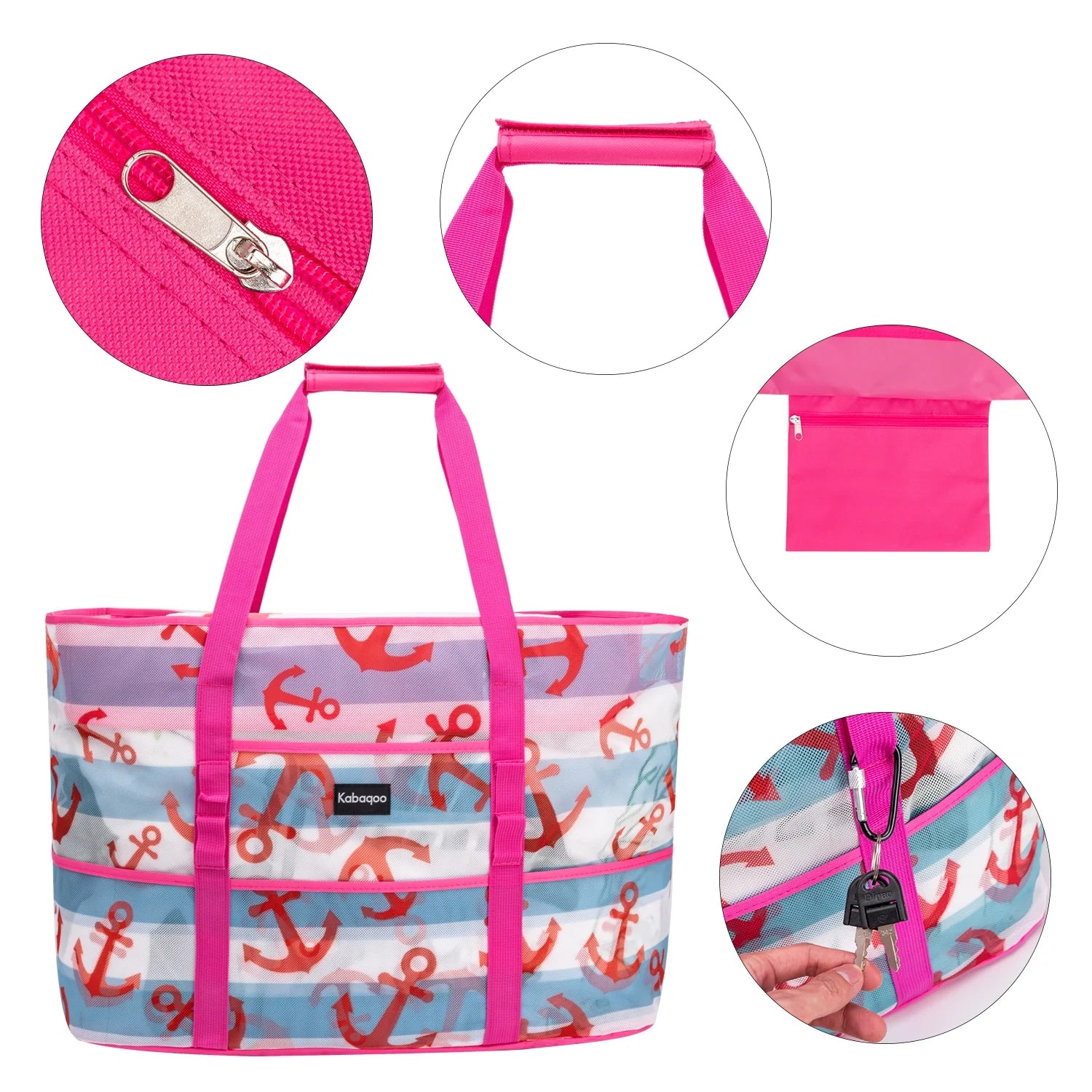 Women Extra Large Beach Bag Anchor Shop Grocery Bag Picnic Mesh Tote Bag with Zip and Pocket