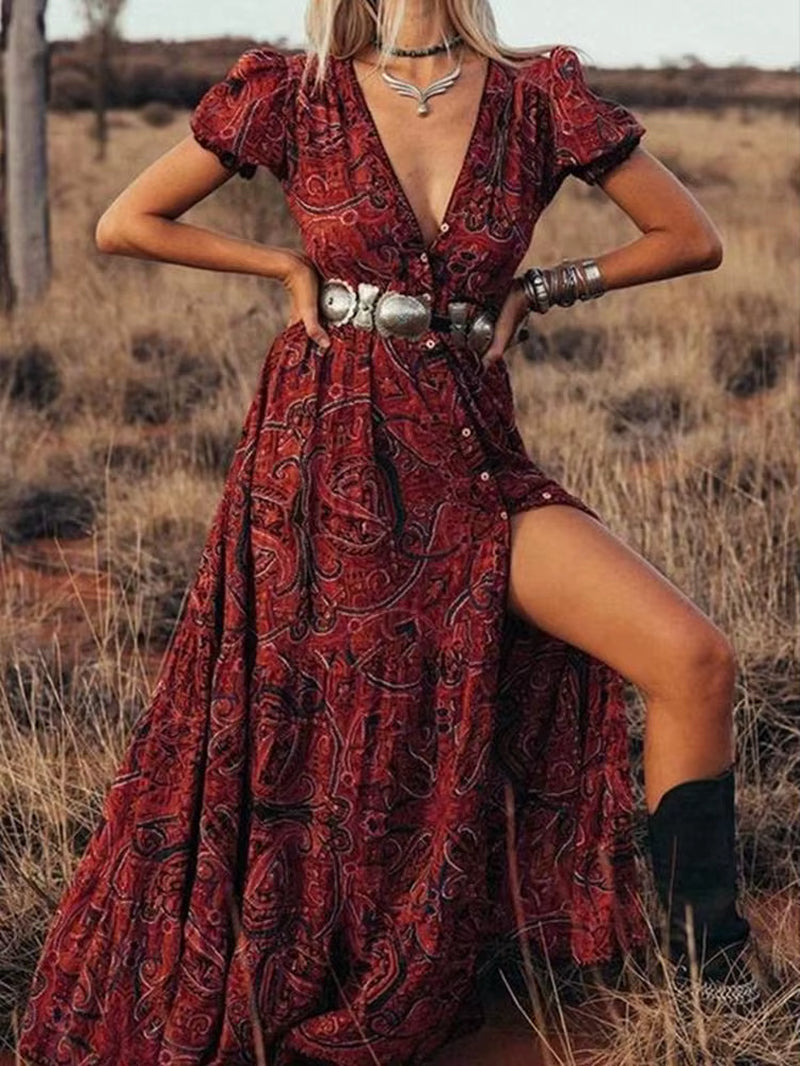 Boho Long Dress Vintage 2023 Floral Print Chiffon Three Quarter Sleeve V-Neck Summer Gypsy Hippie 