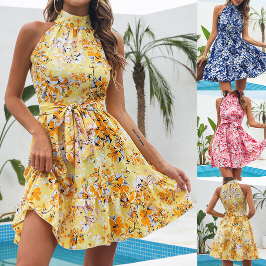 Flowers Print Halter neck Summer Dress 