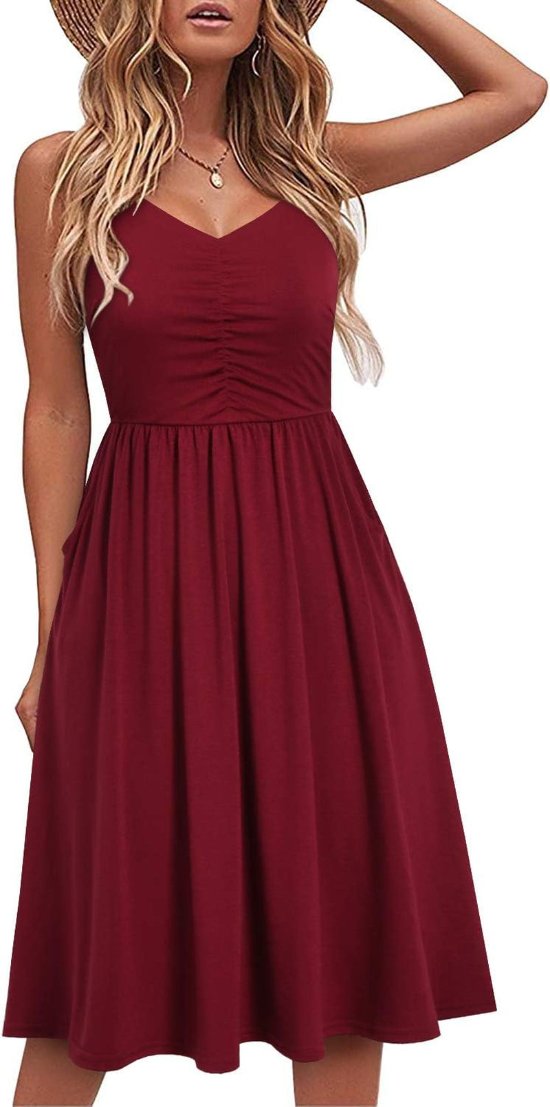 Sleeveless Cotton Summer Beach Dress Spaghetti Strap  with Pockets