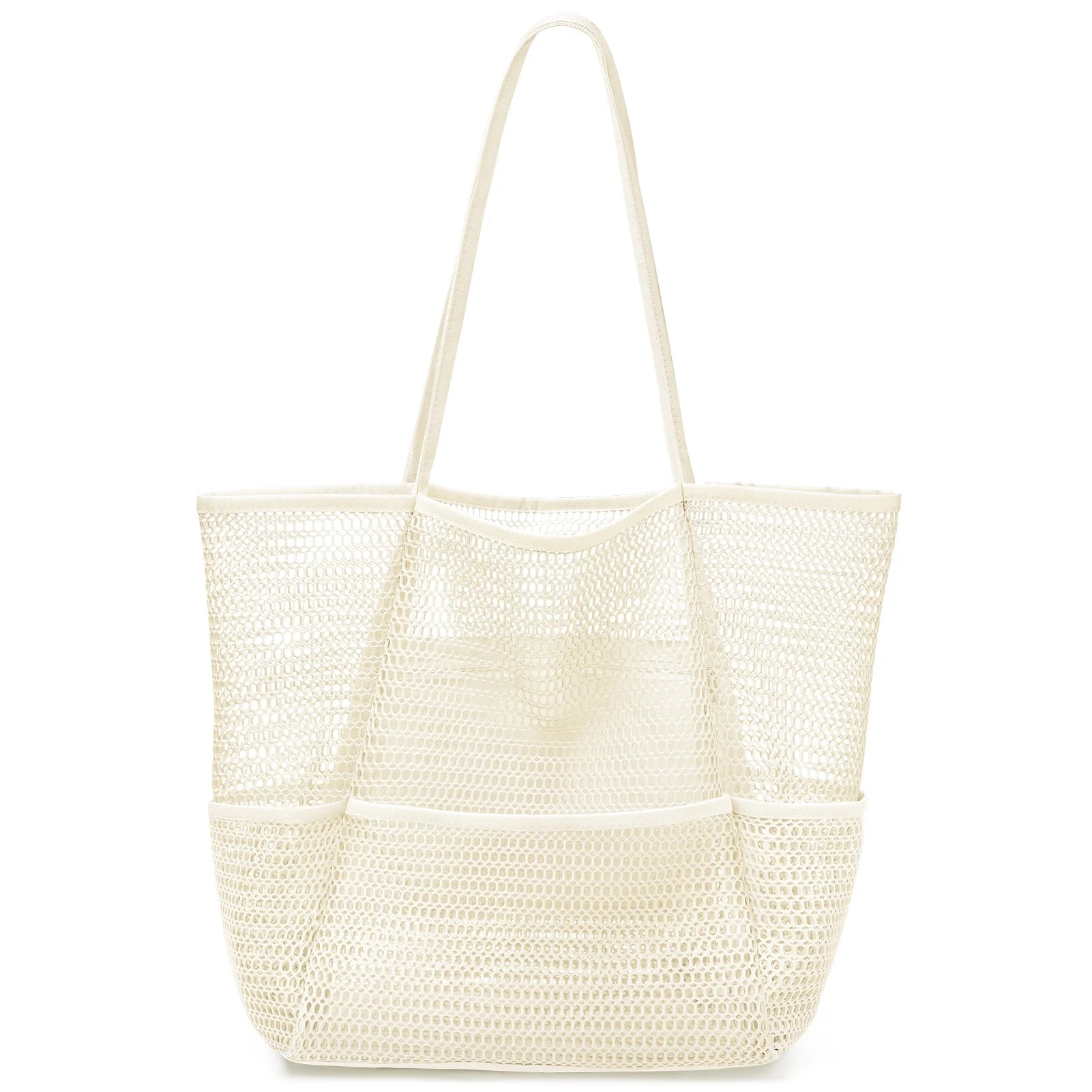 Mesh Beach Bag for Women, Beach Tote Large Foldable Mesh Swim Bag with Pockets | Sandproof | Waterproof | Beige