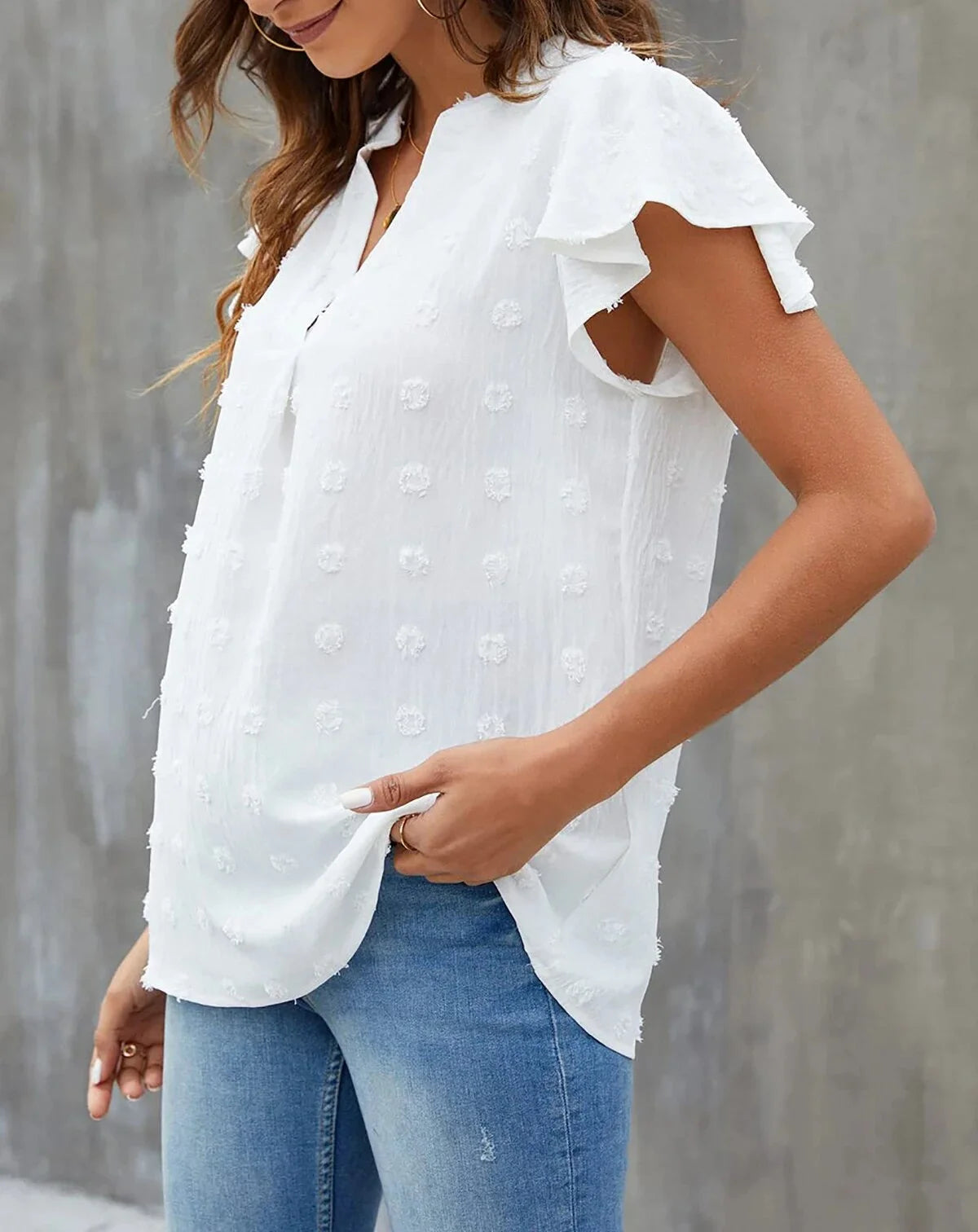 V Neck Ruffle Sleeve Summer Casual Top Flowy Shirts