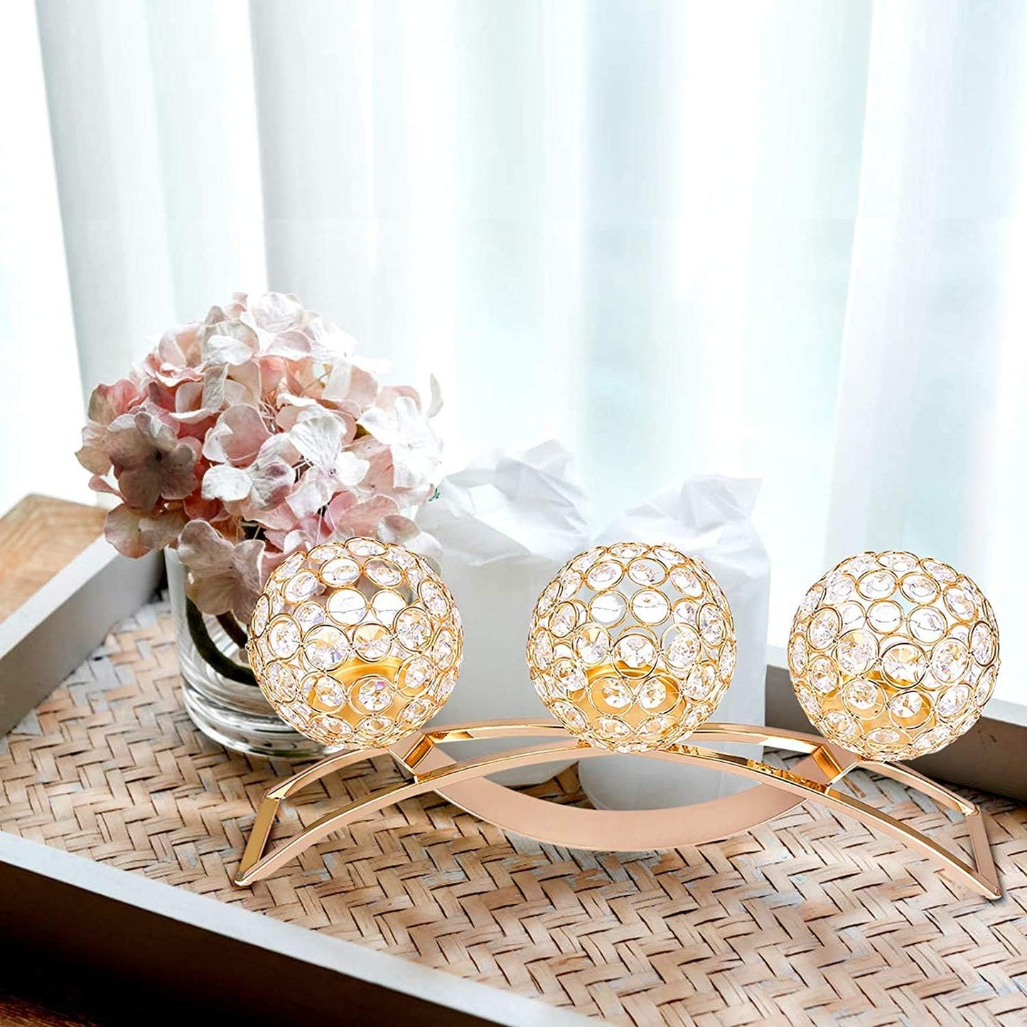 Crystal Candle Holders,3 Crystal Pillar Candlestick,Coffee Table Decorative Centerpieces for Living Room,Dinning Room Christmas Decoration, Table Decoration,Wedding Gifts(Gold)