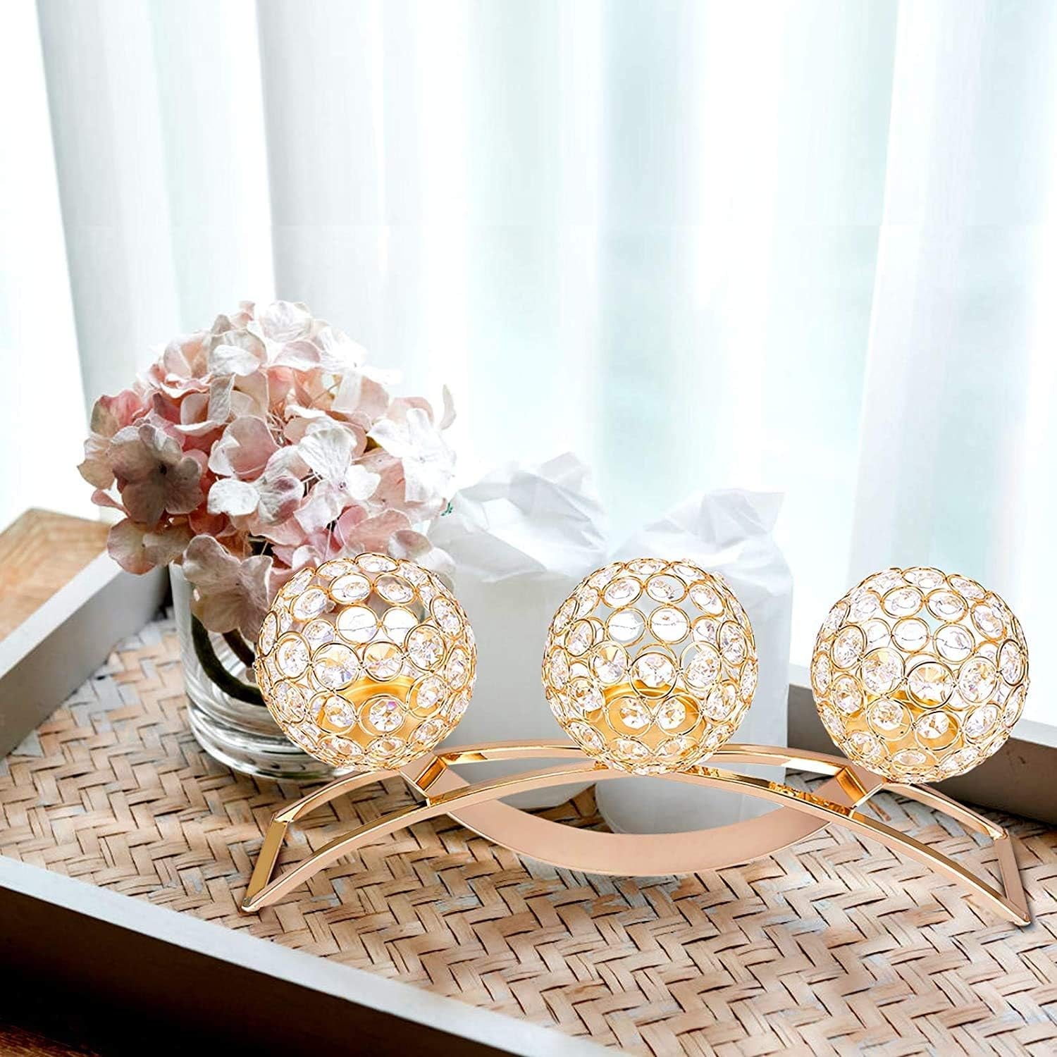 Crystal Candle Holders,3 Crystal Pillar Candlestick,Coffee Table Decorative Centerpieces for Living Room,Dinning Room Christmas Decoration, Table Decoration,Wedding Gifts(Gold)