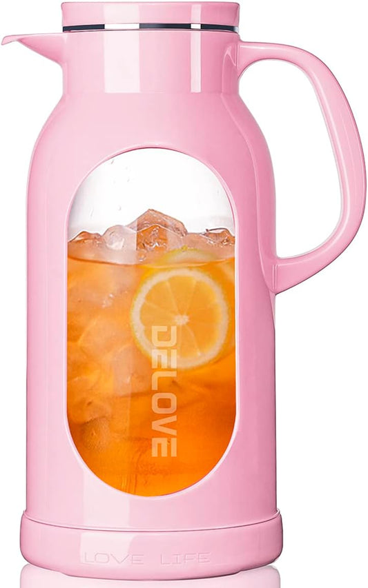 68 Oz/2 Liter Glass Pitcher with Shatterproof Shell - Heat Resistant Glass Liner - Stainless Steel Lid - Carafe & Jug for Iced Tea,Hot/Cold Water,Homemade Juice Beverages (Pink)