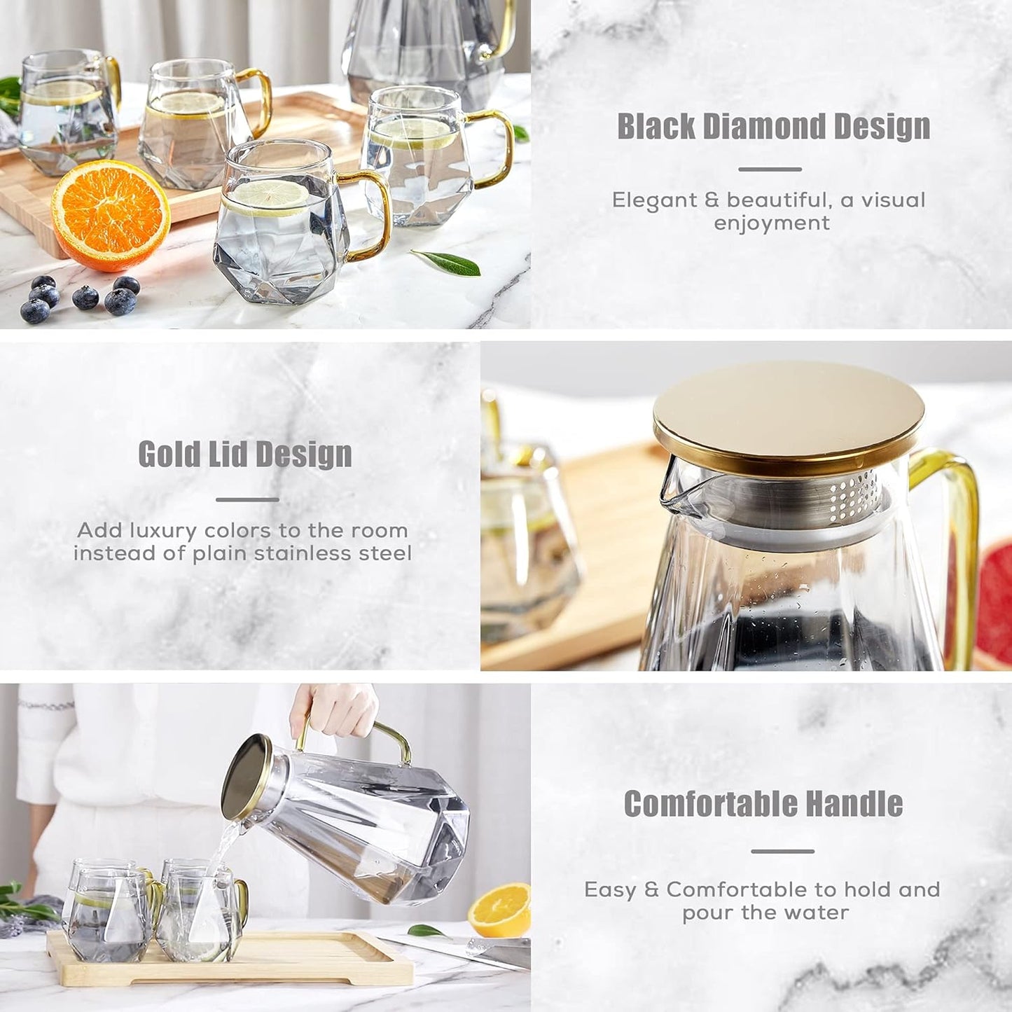 Black Diamond Glass Pitcher with Lid [68 Oz], Elegant Design Water Pitcher with Handle, for hot or cold.