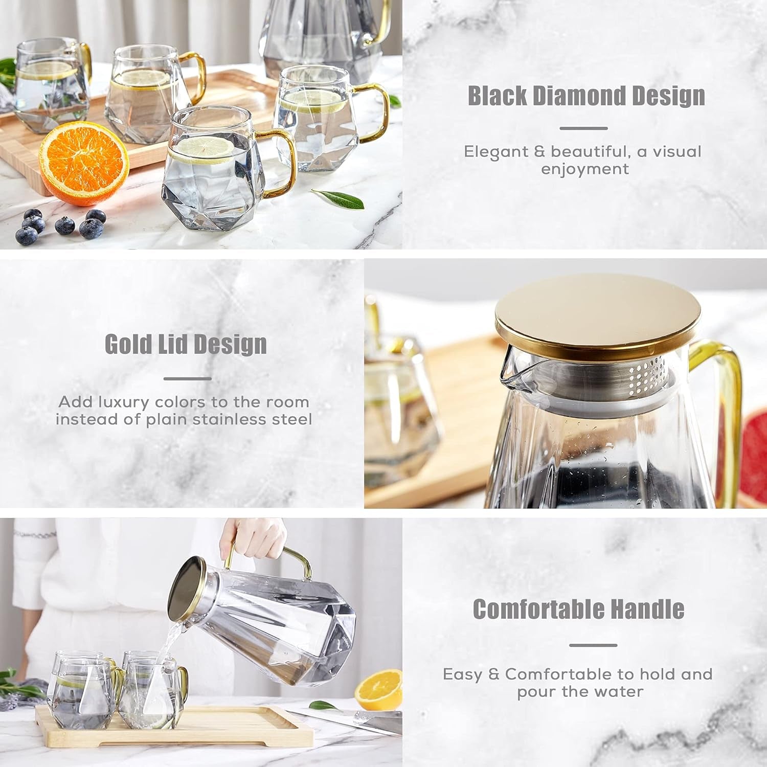 Black Diamond Glass Pitcher with Lid [68 Oz], Elegant Design Water Pitcher with Handle, for hot or cold.