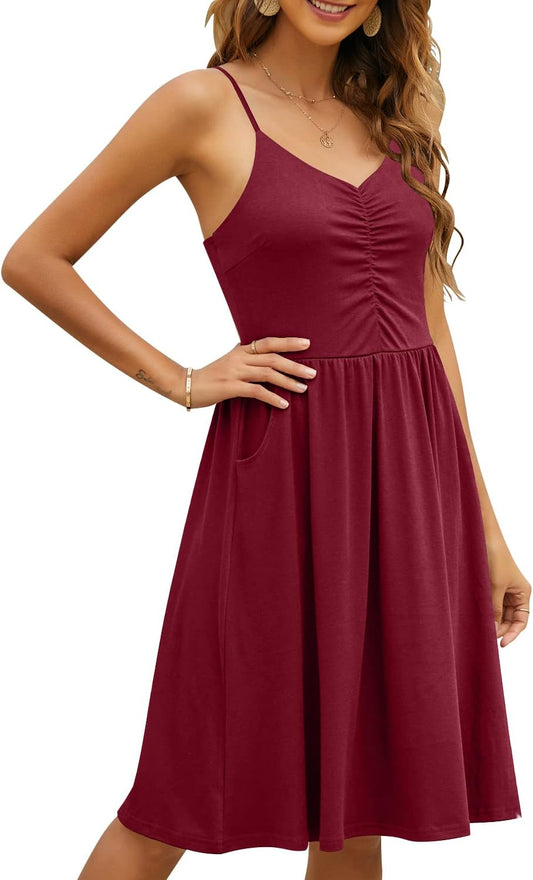 Sleeveless Cotton Summer Beach Dress Spaghetti Strap  with Pockets