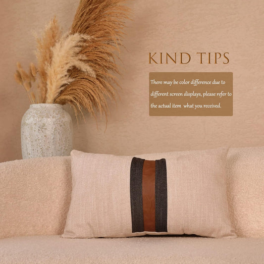 Farmhouse Decorative Outdoor Throw Pillow Covers Brown Faux Leather Accent Pillow Cover  12 X 20 Inch (Beige)