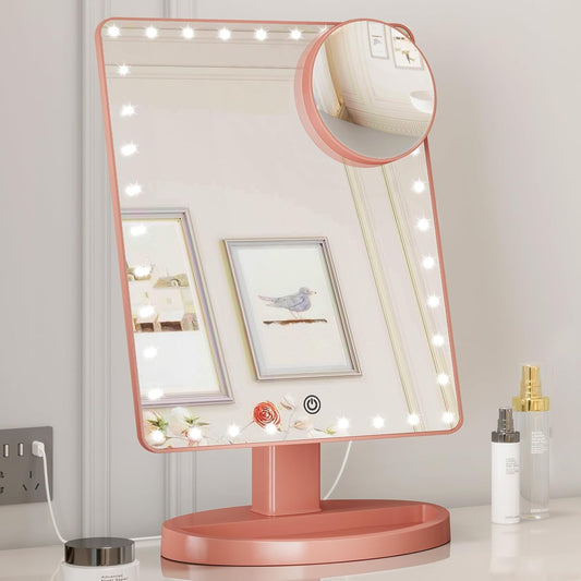 Large Lighted Makeup Mirror with Lights, Light up Mirror with Small 10X Magnification for Desk, 360°Rotation Touch Screen,Brightness Adjustable Tabletop Cosmetic Vanity Make up Mirror