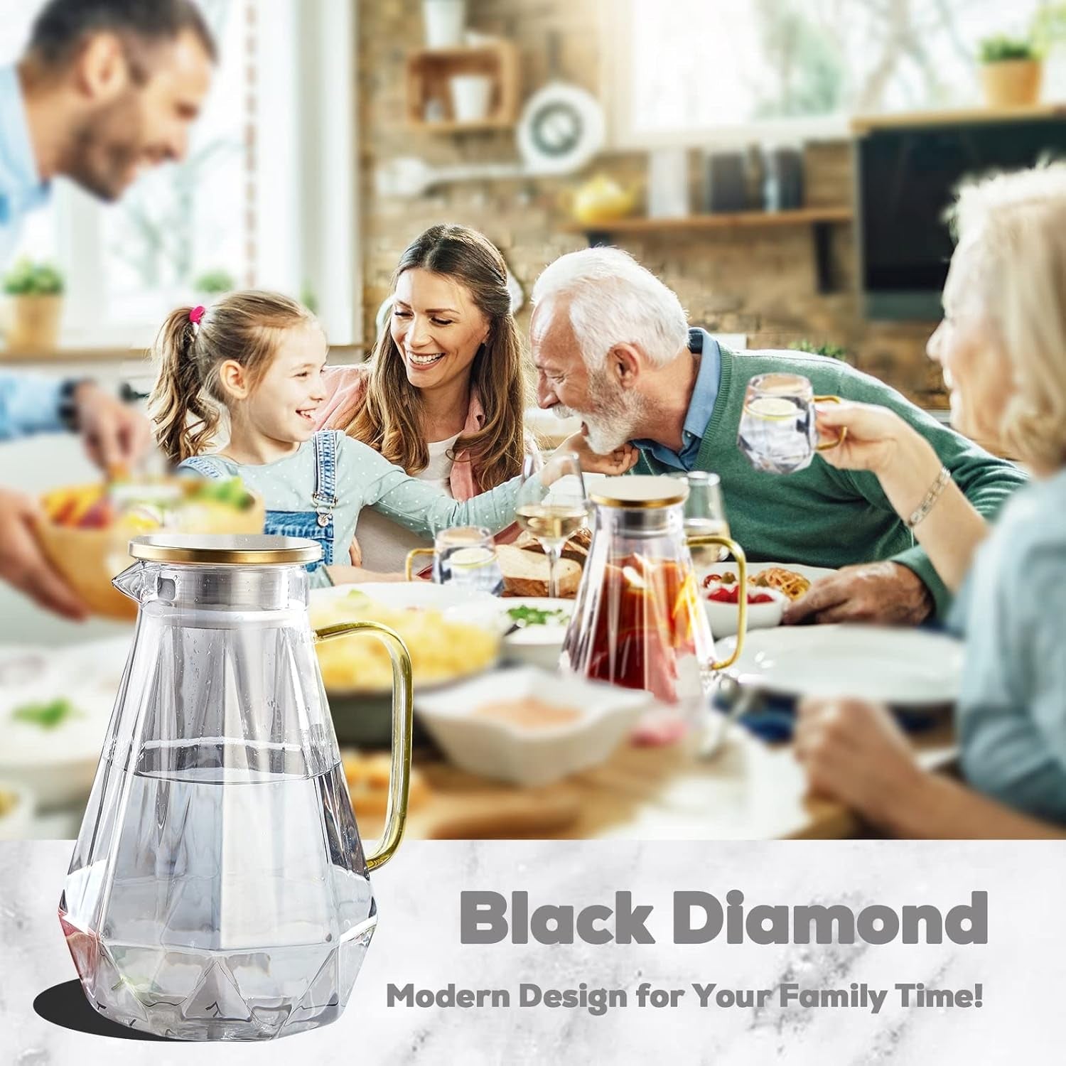Black Diamond Glass Pitcher with Lid [68 Oz], Elegant Design Water Pitcher with Handle, for hot or cold.
