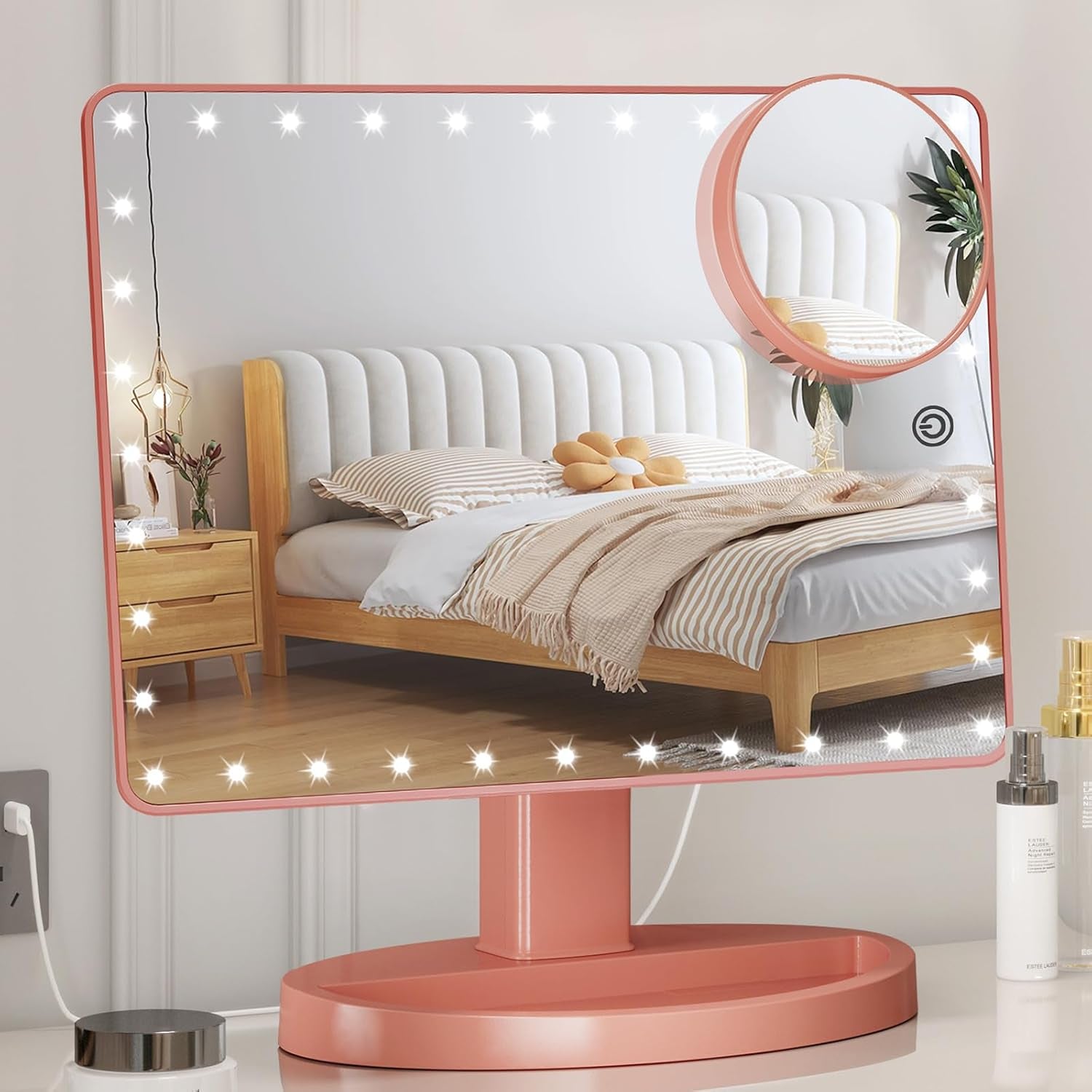 Large Lighted Makeup Mirror with Lights, Light up Mirror with Small 10X Magnification for Desk, 360°Rotation Touch Screen,Brightness Adjustable Tabletop Cosmetic Vanity Make up Mirror