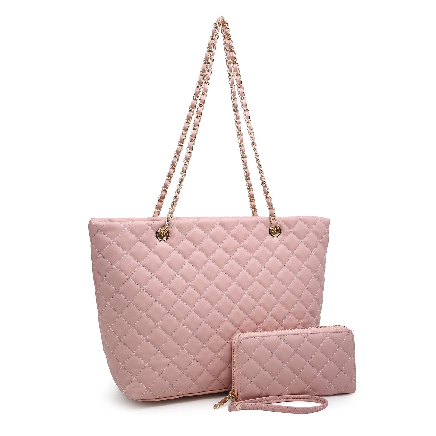 Quilted Women Tote Bag Satchel Wallet Set 2Pcs Chain Strap Shoulder Bag 